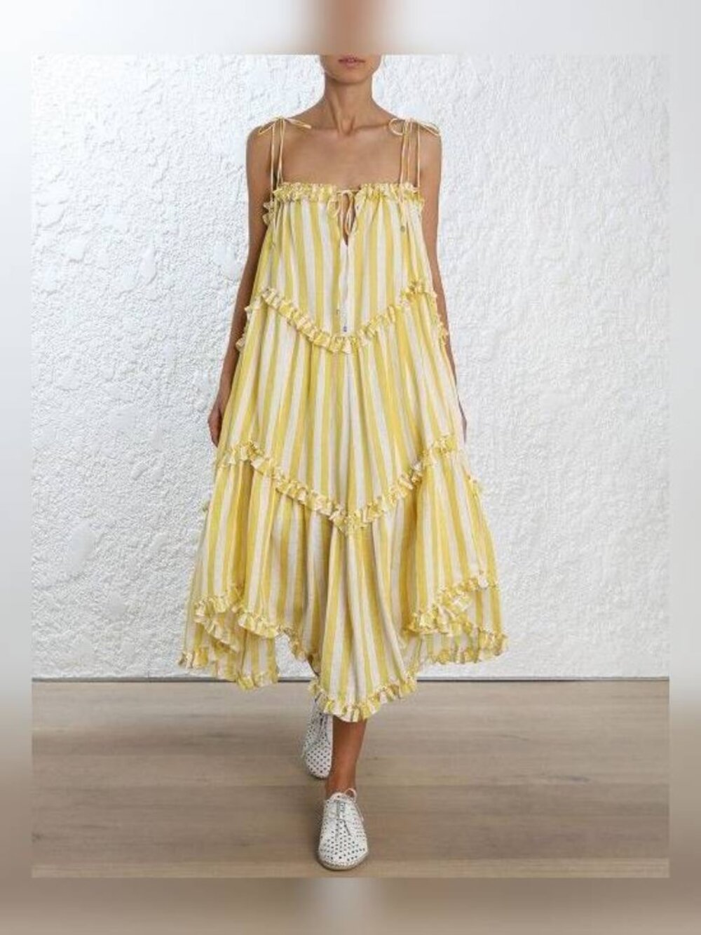 Zimmermann Lumino Yellow Asymmetric Ruffled Striped Linen Midi Dress